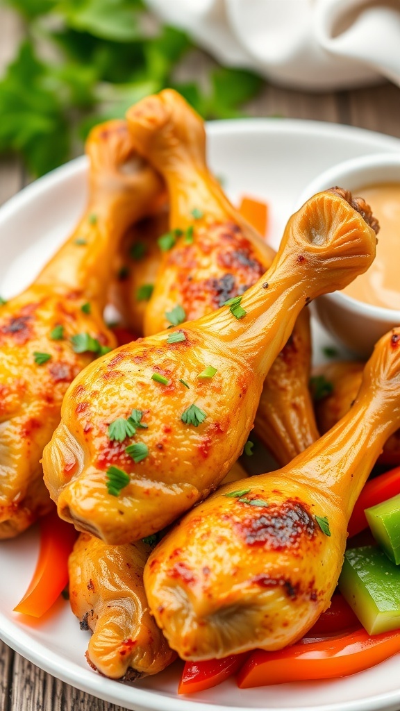 Oven-baked chicken drumsticks on a plate, garnished with herbs and served with dipping sauce.